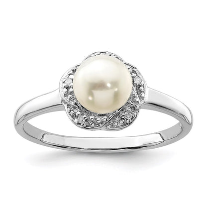 Sterling Silver Rhodium 6mm FW Cultured Button Pearl & Diamond Ring Size 6
