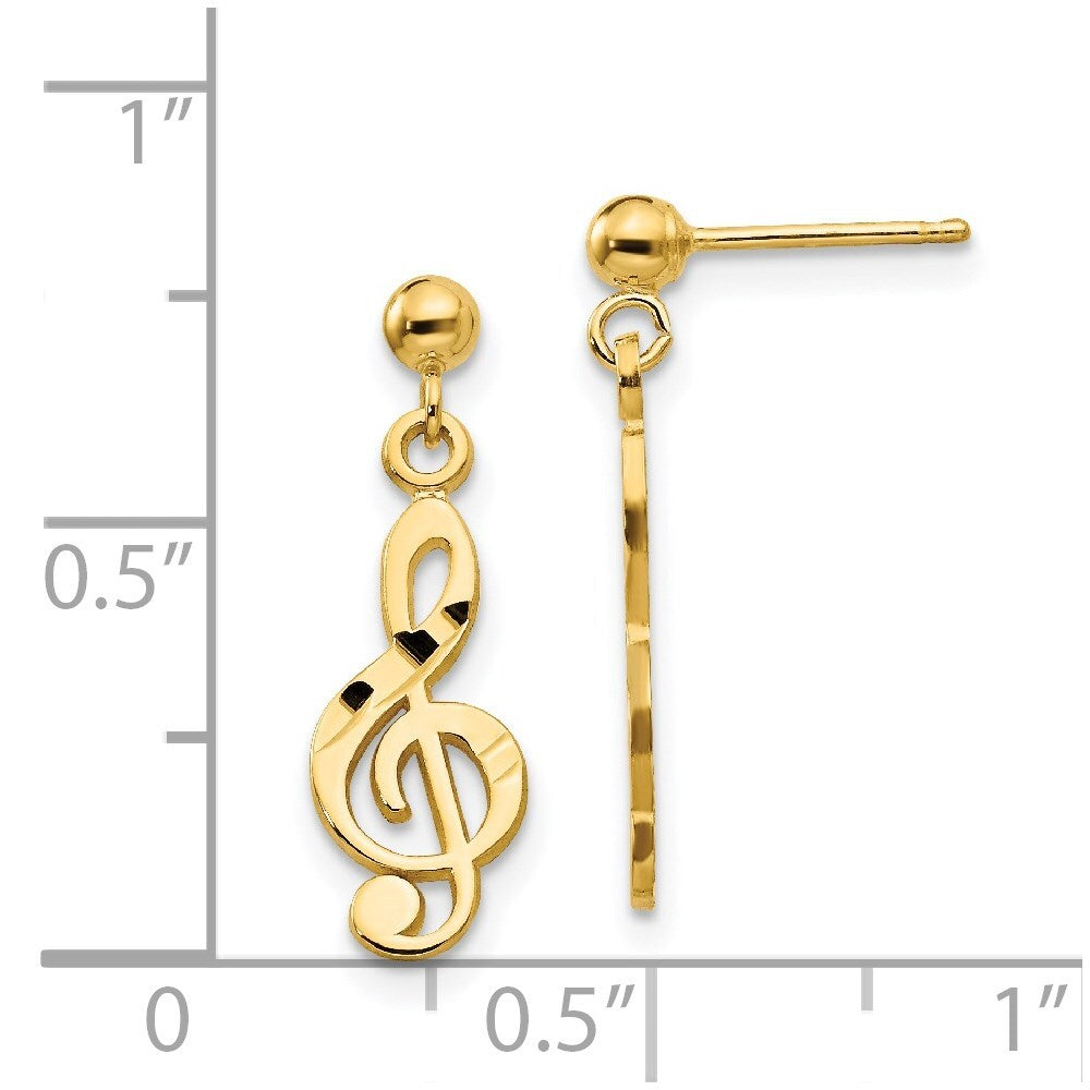 14k Yellow Gold Polished & Diamond-Cut Treble Clef Dangle Earrings