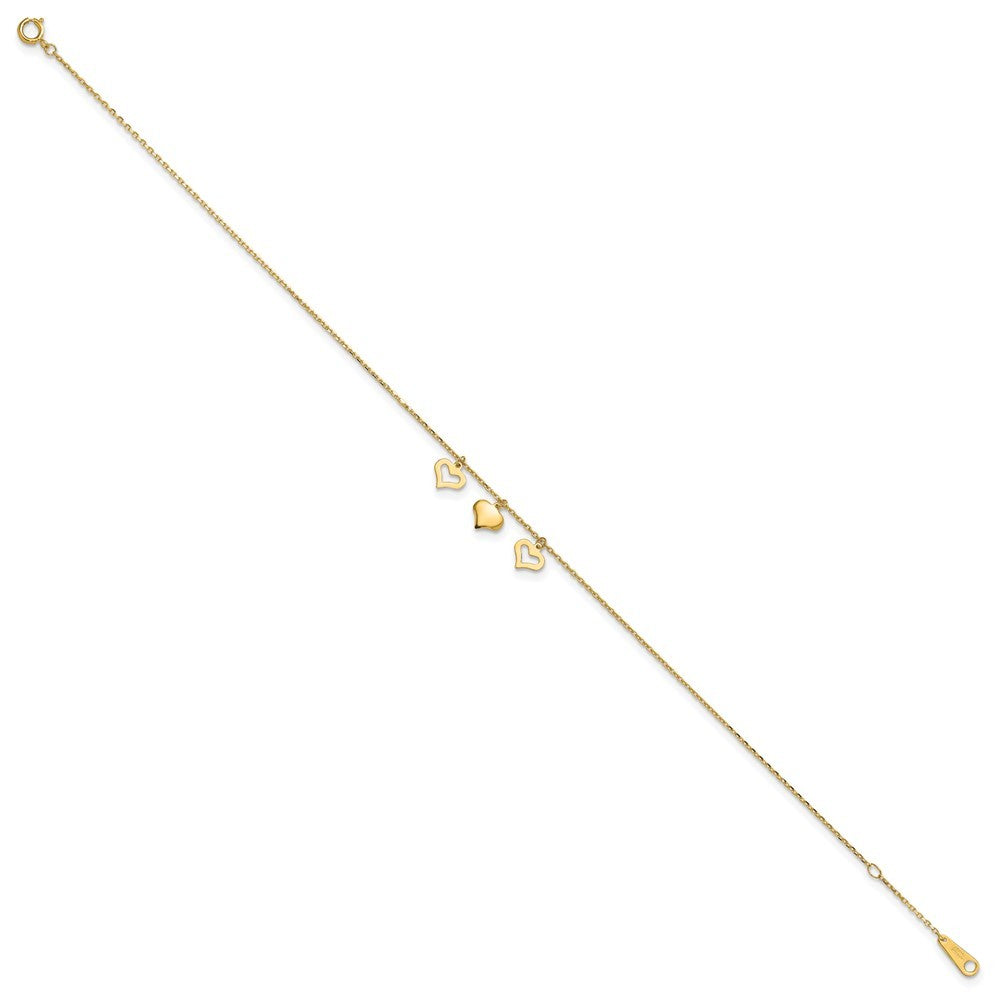 14k Yellow Gold Three Heart Dangles 11" Anklet