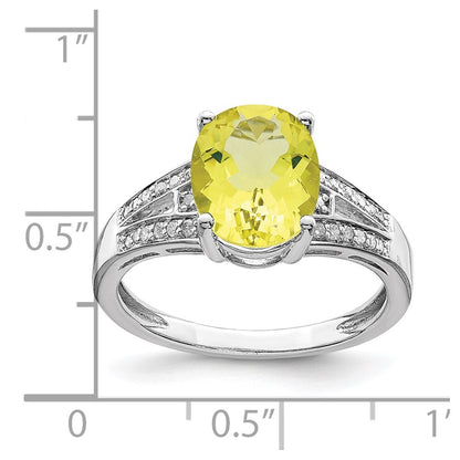 Sterling Silver Rhodium Diamond & Oval Lemon Quartz Ring Size 7