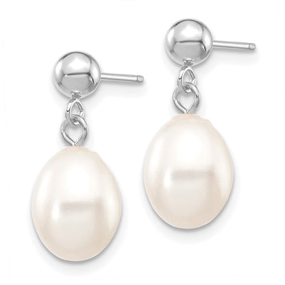 14k White Gold 7-8mm White Rice Freshwater Cultured Pearl Dangle Earrings