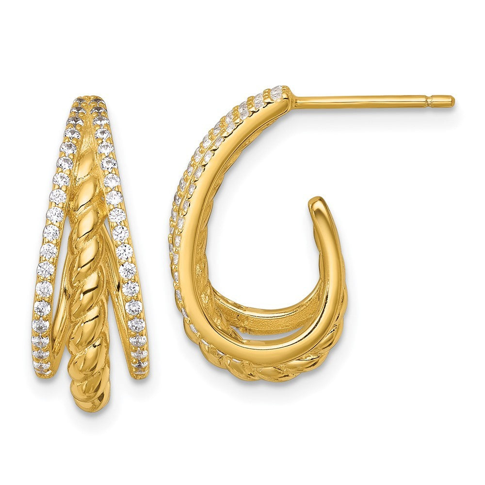 Sterling Silver Gold-tone Polished and Twisted CZ Triple J-Hoop Post Earrings