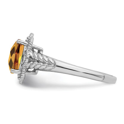 Sterling Silver Rhodium Checker-Cut Whiskey Quartz & Diamond Ring Size 9