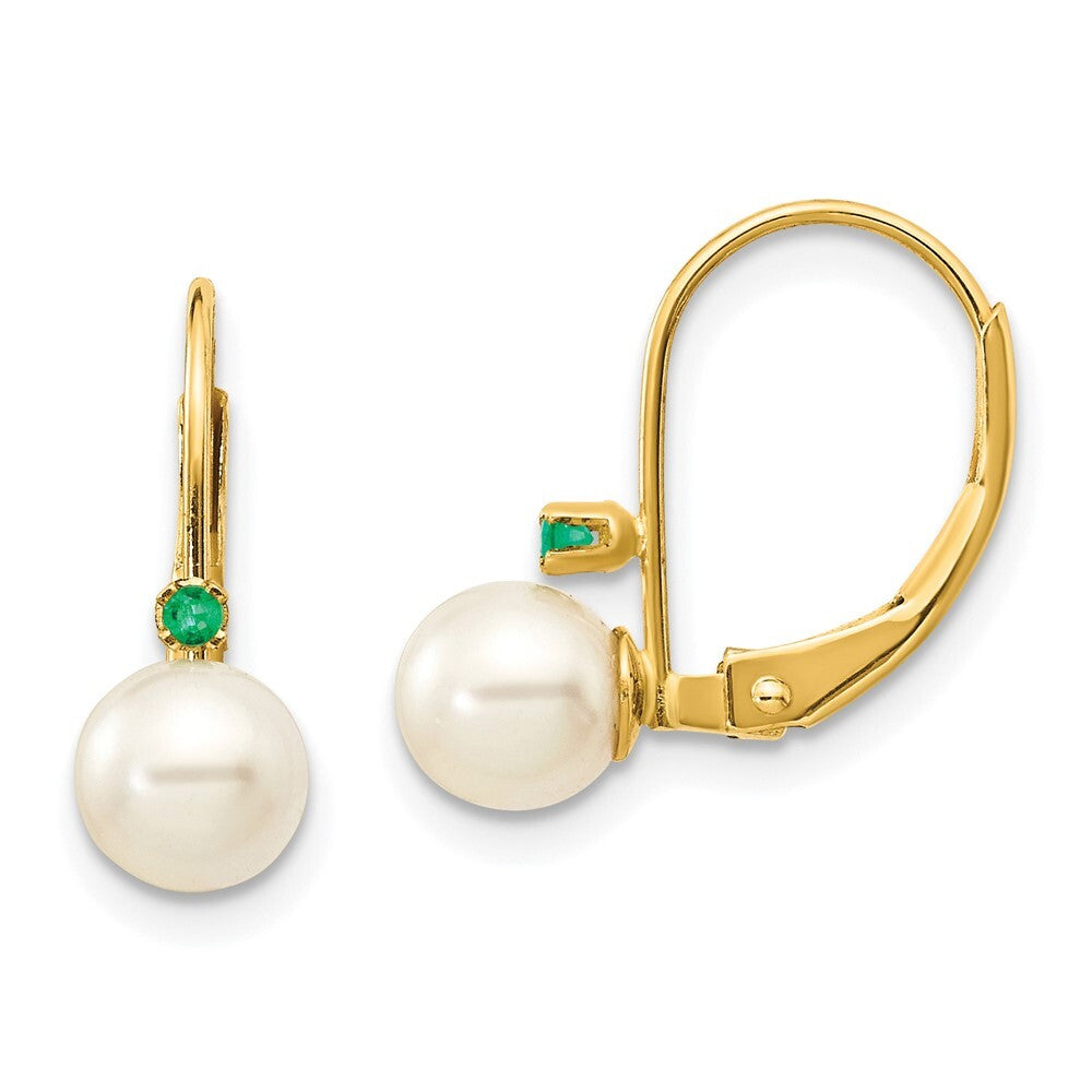 14k Yellow Gold 5-5.5mm White Round FW Cultured Pearl Emerald Leverback Earrings