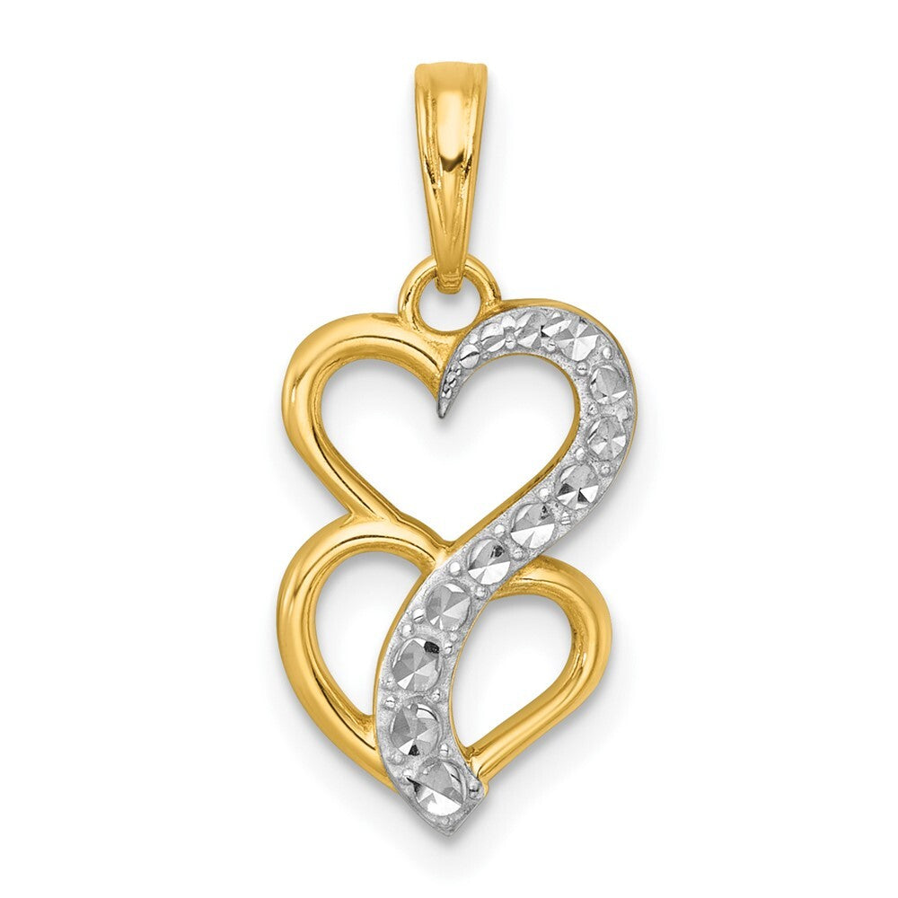 14k Yellow Gold White Rhodium Polished Brushed Heart Above Heart Charm Pendant