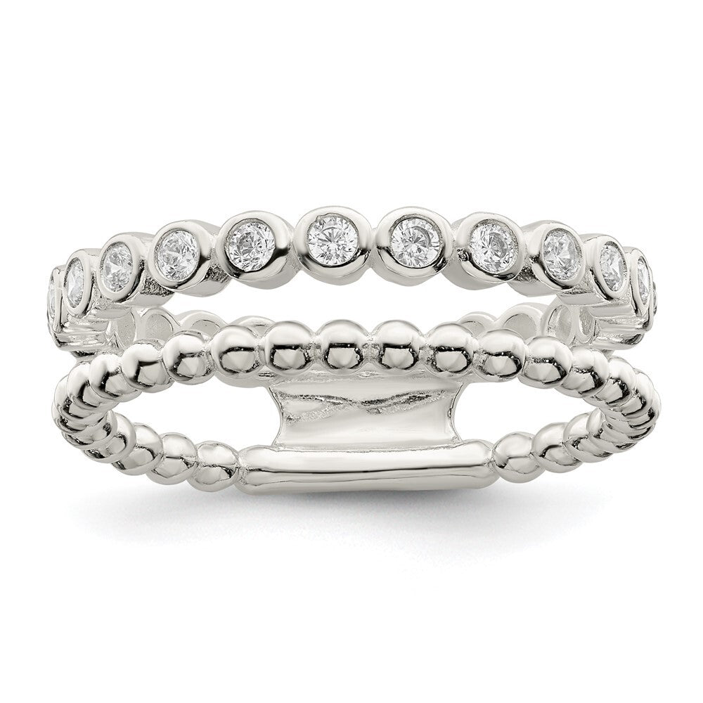 Sterling Silver Polished CZ Beaded Double Fancy Ring Size 8