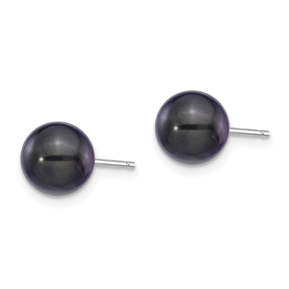 14k White Gold 7-8mm Black Round Akoya Saltwater Cultured Pearl Stud Earrings
