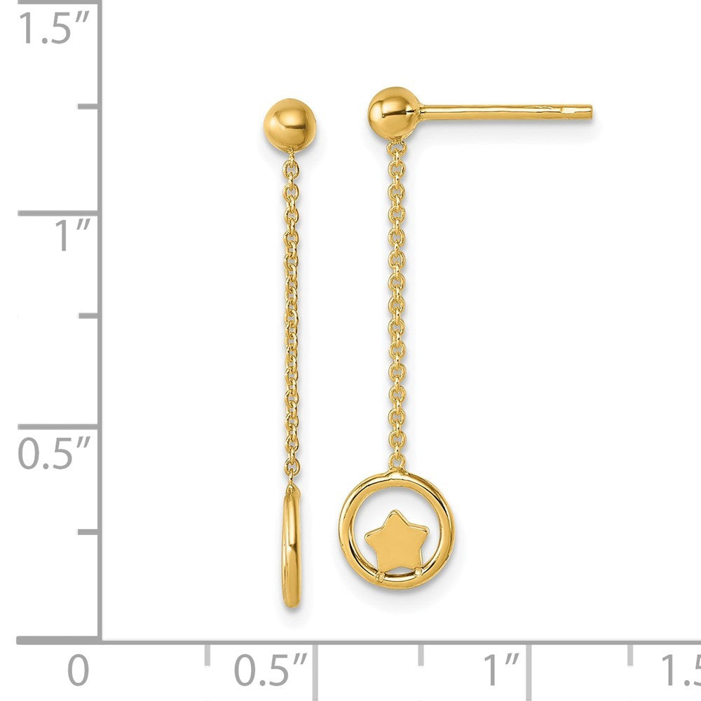 14k Yellow Gold Polished Star in Circle with Chain Dangle Earrings