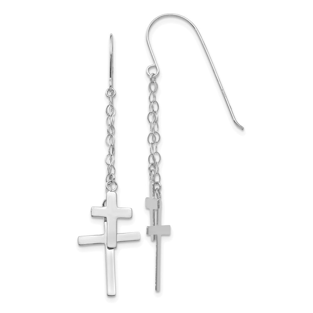 14K White Gold Chain Dangle Cross Drop Dangle Earrings w/ Shepherd Hook