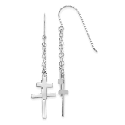 14K White Gold Chain Dangle Cross Drop Dangle Earrings w/ Shepherd Hook