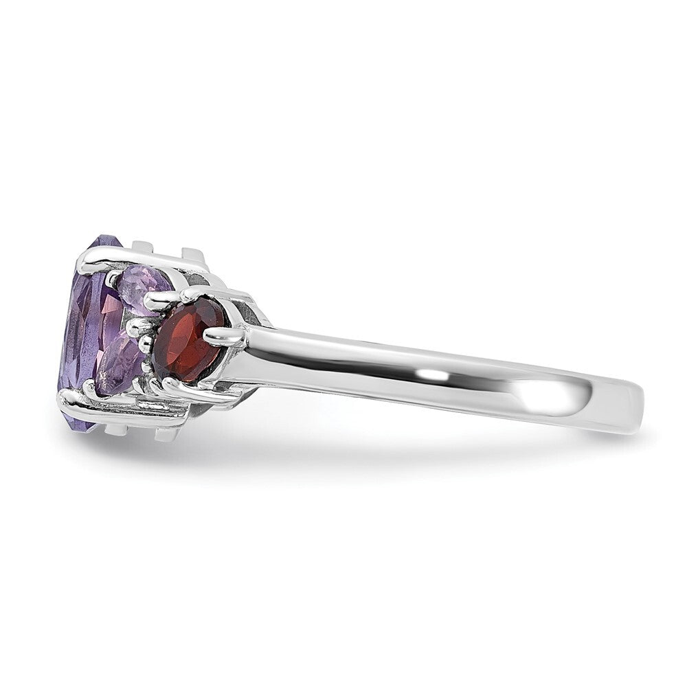 Sterling Silver Rh-plated Amethyst Pk Quartz Garnet and White Topaz Ring Size 6