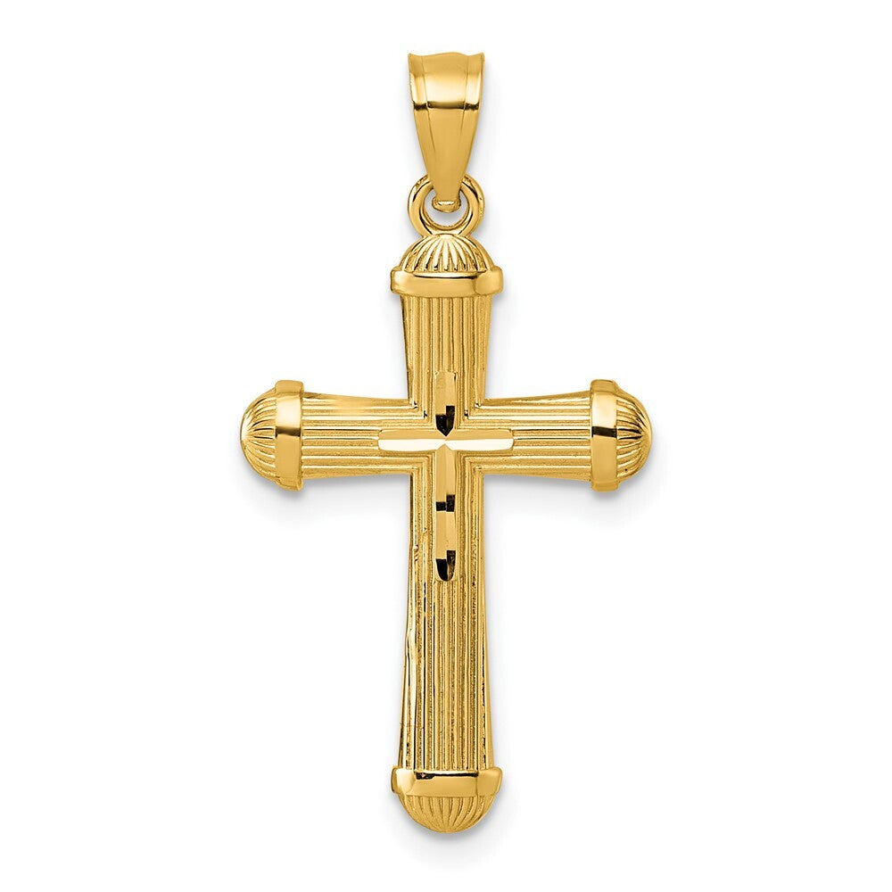 14k Yellow Gold Polished and Diamond-cut Grooved Cross Pendant