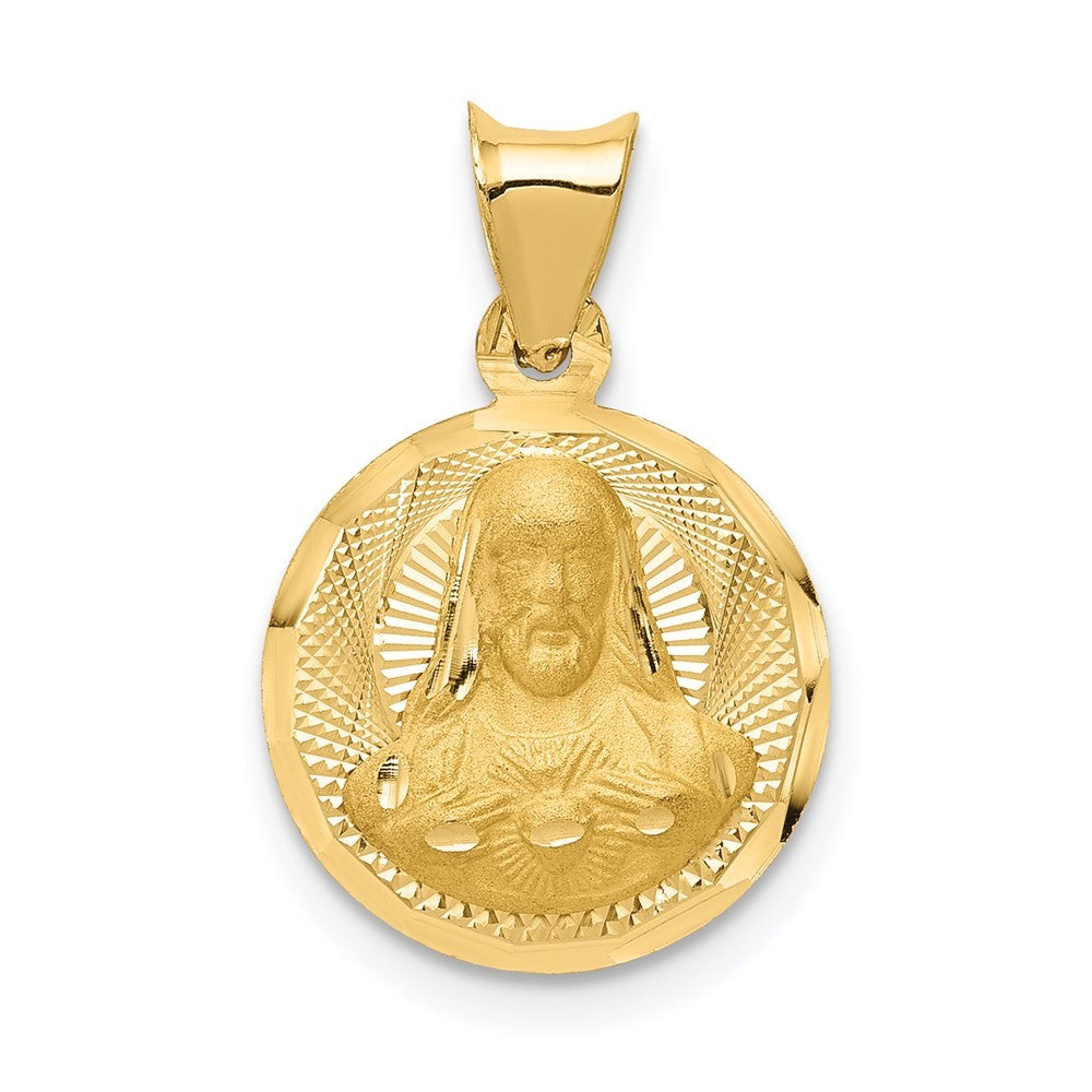 14k Yellow Gold Polished Diamond-Cut Sagrado Corazon Circle Pendant