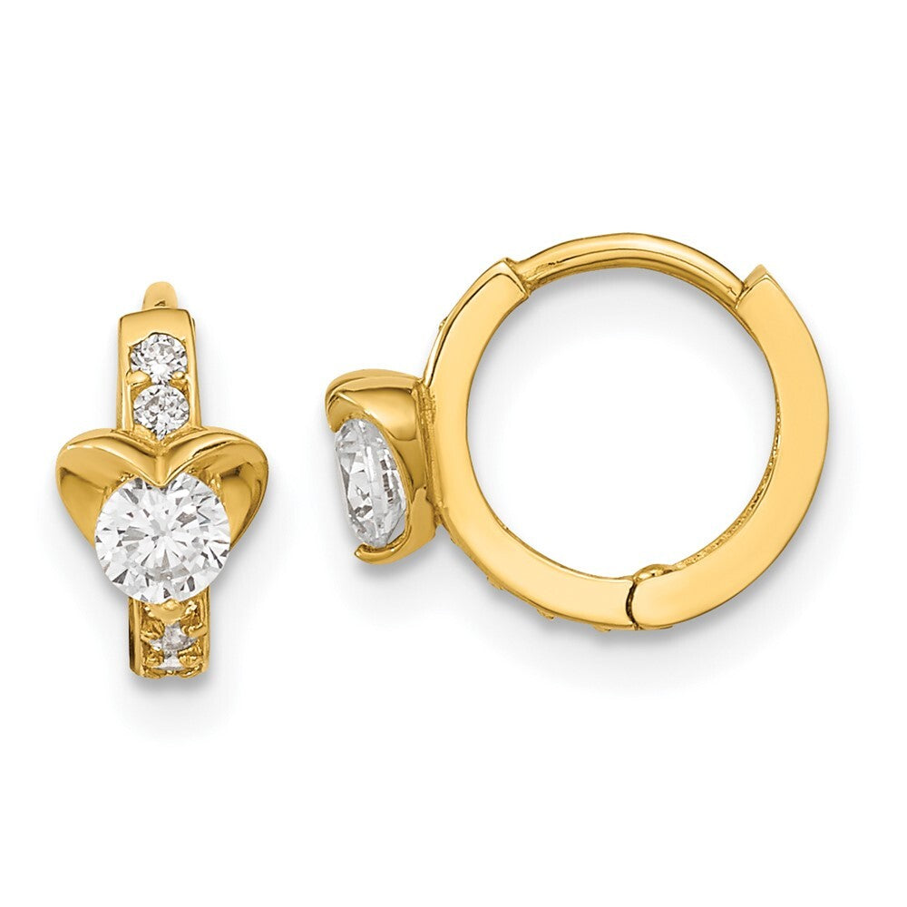 14k Yellow Gold Cubic Zirconia Children's Heart Hinged Hoop Earrings