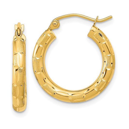 14k Yellow Gold Polished Satin and Diamond-cut Hoop Earrings Gift for Women