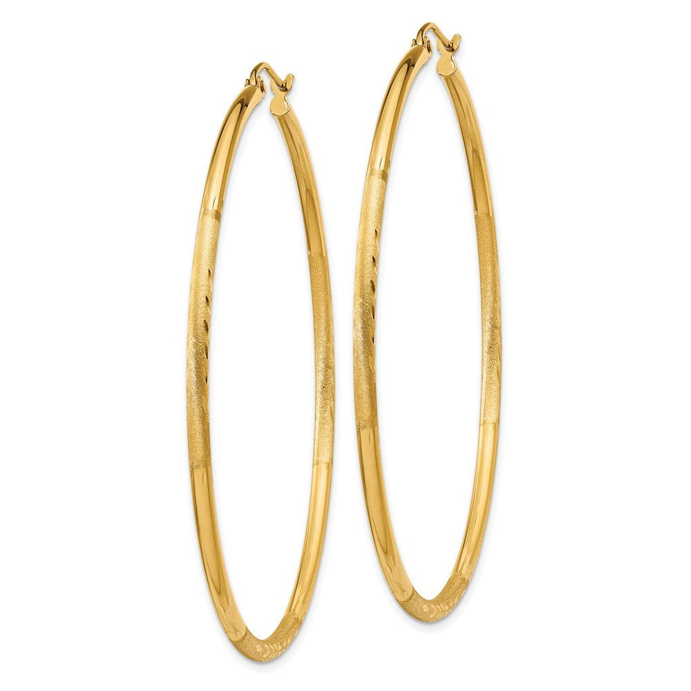 14k Yellow Gold Satin and Diamond-cut 2mm Round Tube Hoop Earrings