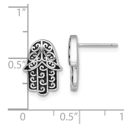 Sterling Silver Rhodium-plated  and Oxidized Filigree Hamsa Post Earrings