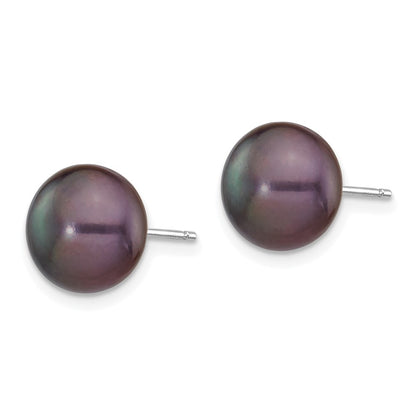 14k White Gold 9-10mm Black Button Freshwater Cultured Pearl Stud Earrings