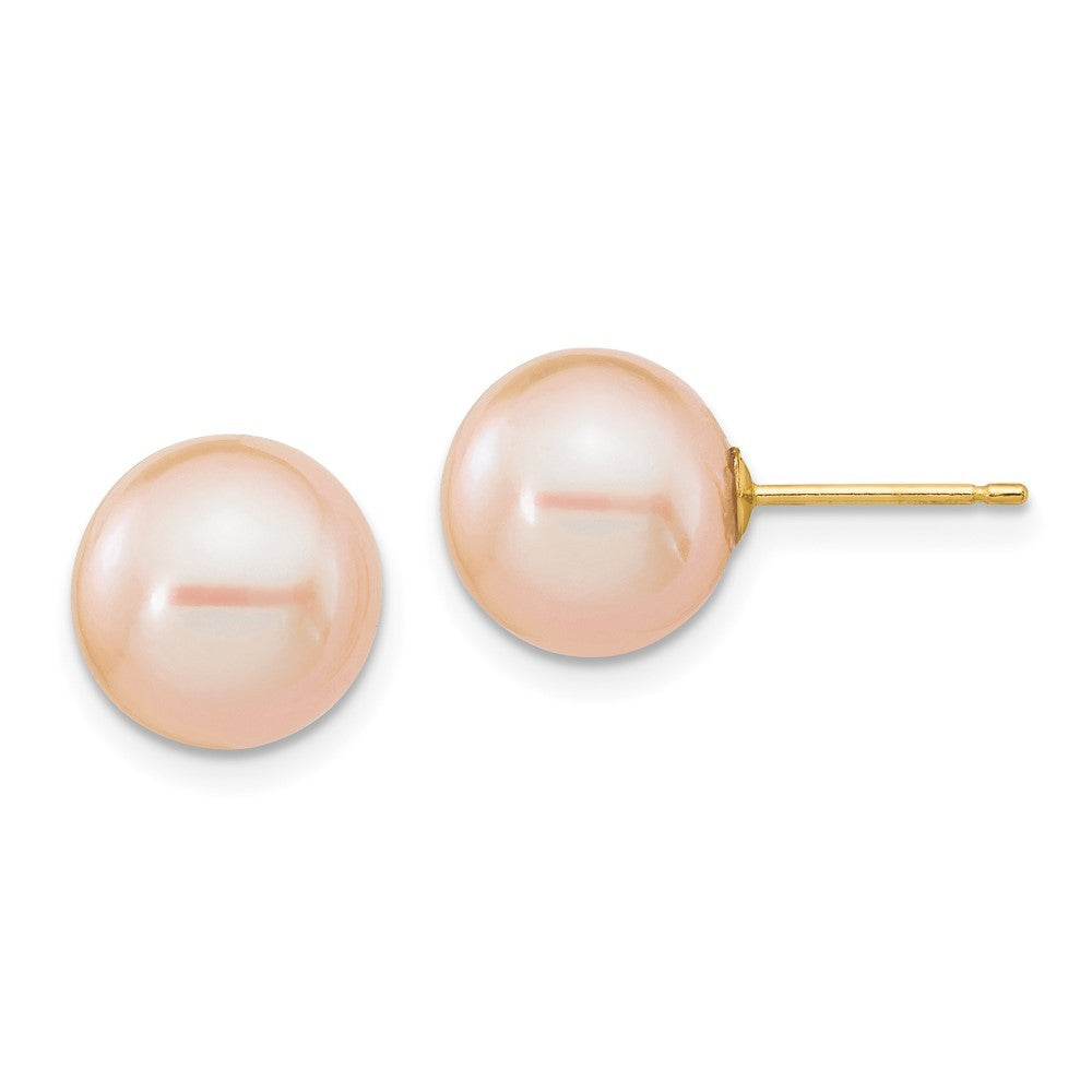 14k Yellow Gold 9-10mm Pink Round Freshwater Cultured Pearl Stud Post Earrings