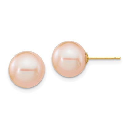14k Yellow Gold 9-10mm Pink Round Freshwater Cultured Pearl Stud Post Earrings