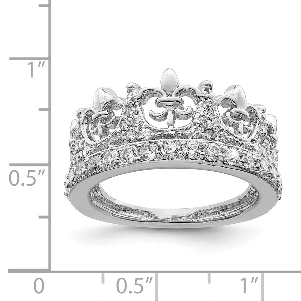Sterling Silver Rhodium-plated Fleur-de-lis Crown Cubic Zirconia Ring Size 6