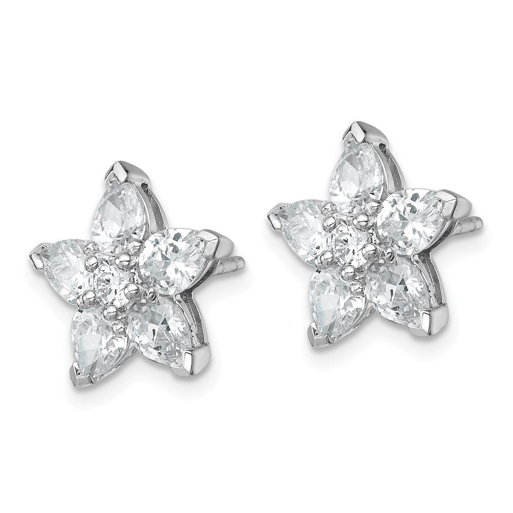 Sterling Silver Rhodium-plated Polished Round and Pear CZ Flower Earrings