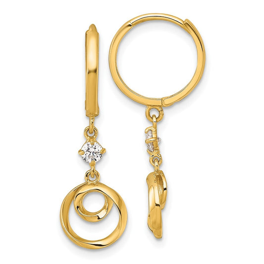 14k Yellow Gold Polished and Twisted Dangling Circle CZ Hinged Hoop Earrings