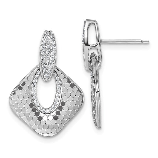 Sterling Silver Rhodium-plated CZ Polished Textured Doorknocker Dangle Earrings