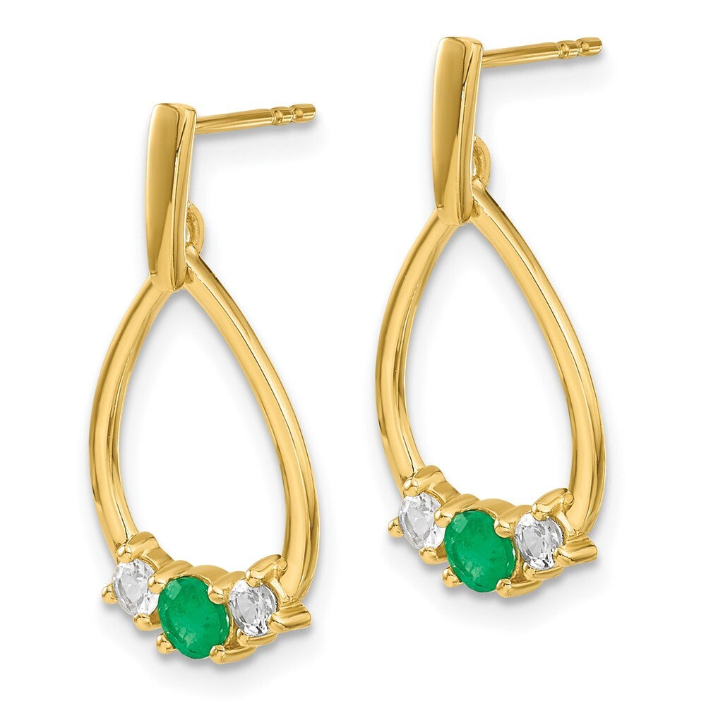 14k Yellow Gold Emerald and White Sapphire Dangle Earrings