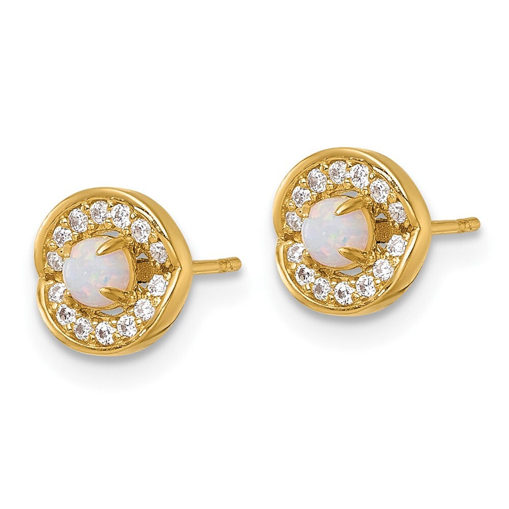 14k Yellow Gold Polished Opal and Cubic Zirconia Stud Earrings Gift for Women