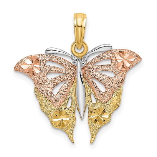14k Two-tone Gold and White Rhodium Diamond-cut Butterfly Charm Pendant