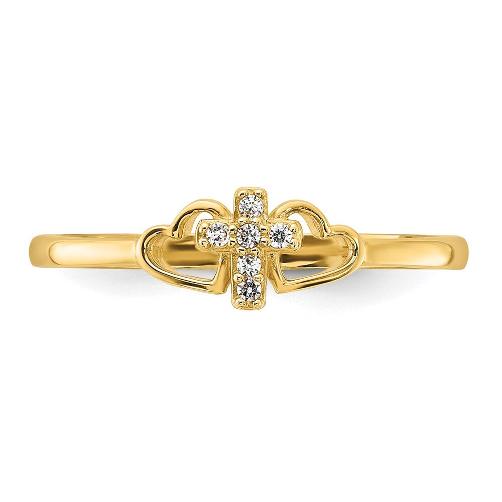 14K Yellow Gold Polished CZ Cross and Hearts Ring Size 8