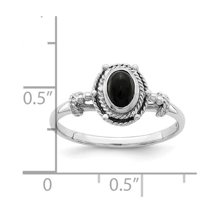 Sterling Silver Rhodium-plated with Black Oval Onyx Stone Ring Size 8
