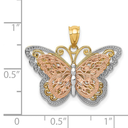 14k Two-tone Gold White Rhodium Cut-out 2-level Butterfly Pendant