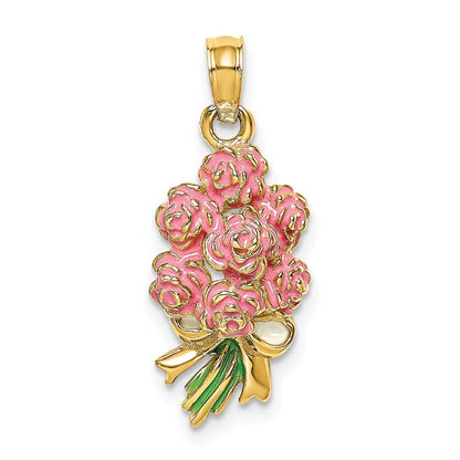 14k Yellow Gold Enameled Bouquet of Pink Roses Pendant for Women