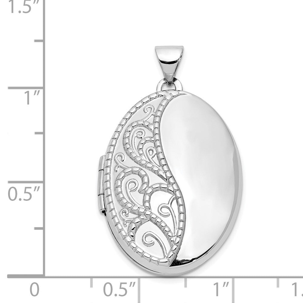 14k White Gold 26mm 1/2 Hand Engraved Scroll Oval Locket Pendant for Women