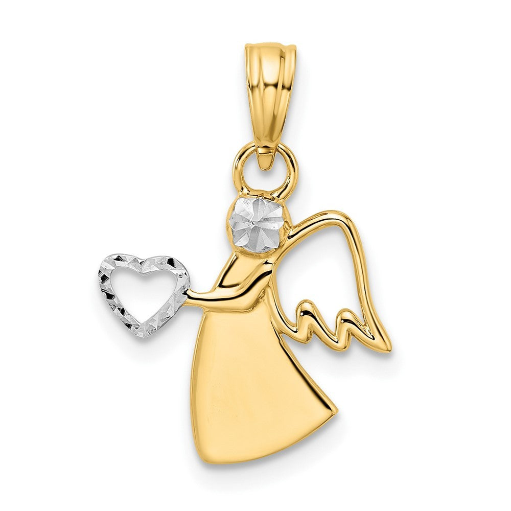 14k Yellow Gold & White Rhodium Diamond-Cut Angel Holding Heart Pendant