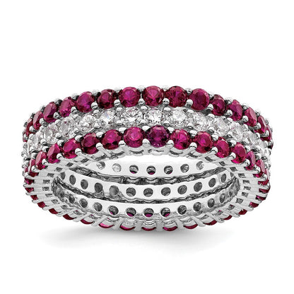 Sterling Silver Rhodium-plated Polished Pink & White CZ 3 Ring Set Size 6