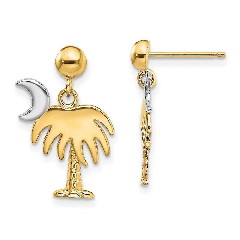 14k Yellow Gold Rhodium Charleston Palm Tree Moon Dangle Earrings