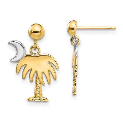 14k Yellow Gold Rhodium Charleston Palm Tree Moon Dangle Earrings