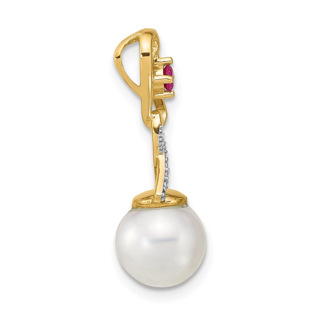 14k Yellow Gold Diamond 8-9mm Round FWC Pearl Lab Cr. Ruby Chain Slide Pendant