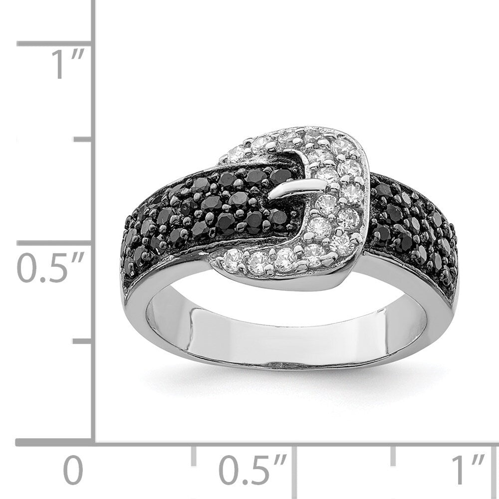 Sterling Silver Rhodium Black and Clear Cubic Zirconia Buckle Ring Size 6