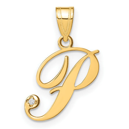 14k Yellow Gold Script Letter P Initial Pendant with Diamond for Women