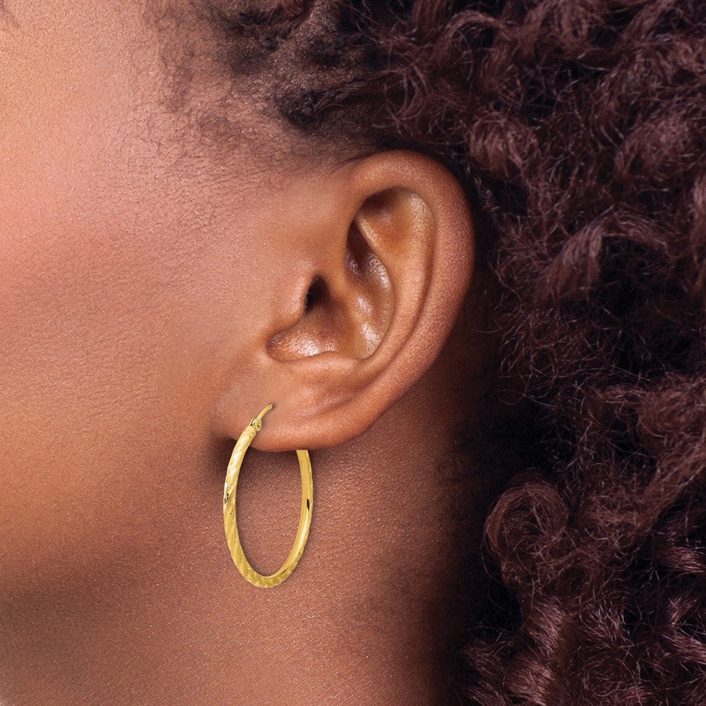 14k Yellow Gold Polished and Satin Diamond-Cut 2mm Hoop Earrings