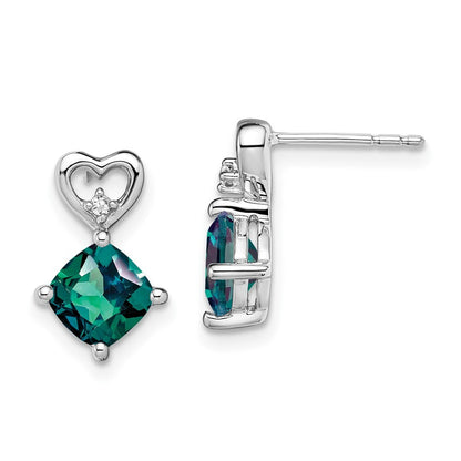 14k White Gold Created Alexandrite and Diamond Heart Drop & Dangle Earrings