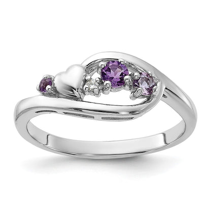 SS Rhodium-plated Amethyst Pink Quartz and CZ with Heart Ring Size 8