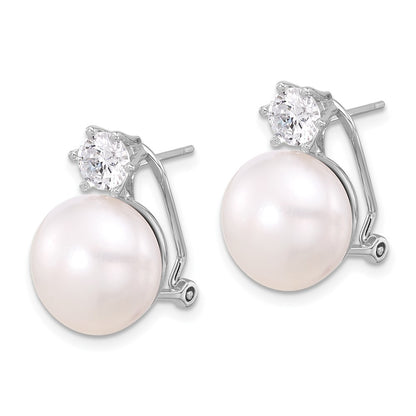 Sterling Silver 12-13mm Freshwater Cultured Pearl and CZ Omega Back Earrings