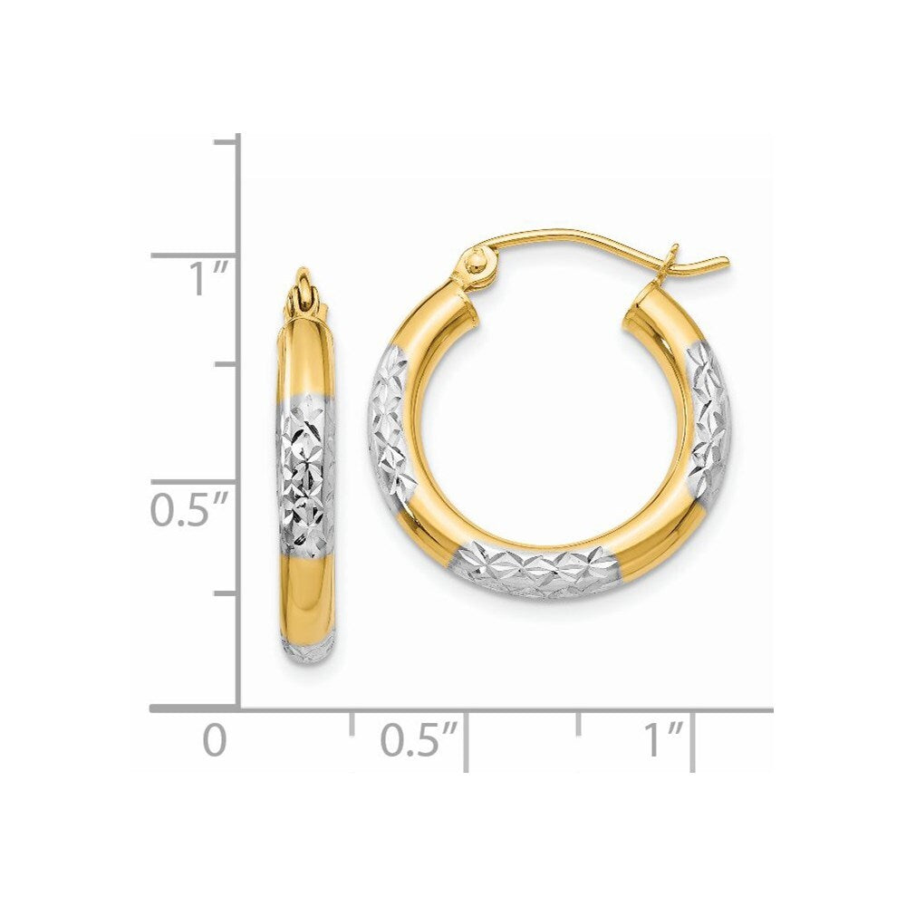 14k Yellow Gold & Rhodium Diamond-cut 3x20mm Hoop Earrings Gift for Women