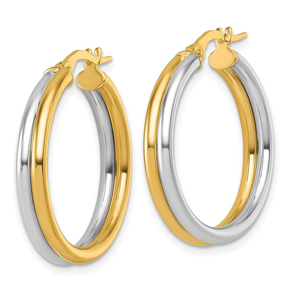 14k Yellow Gold with White Rhodium Polished 4mm x 24mm Round Hoop Earrings