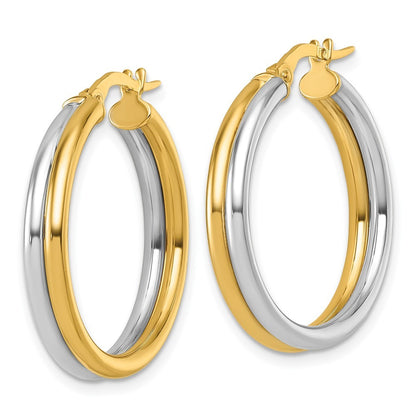 14k Yellow Gold with White Rhodium Polished 4mm x 24mm Round Hoop Earrings